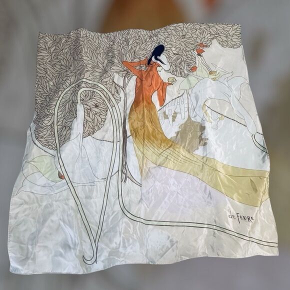 Vintage Art Nouveau Georges De Feure MMA Silk Scarf with Orange and tan Hues - Picture 2 of 8